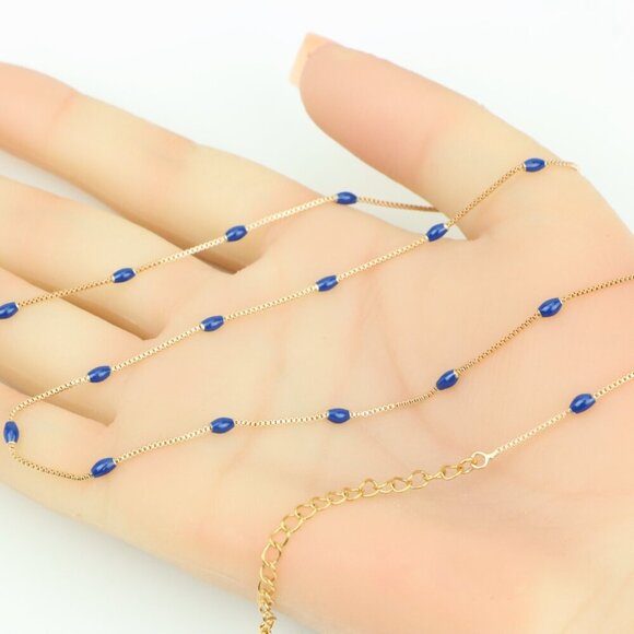 "Rose Gold Beaded Necklace with Blue Accents, Adjustable, XPNL0337 - Picture 3 of 11